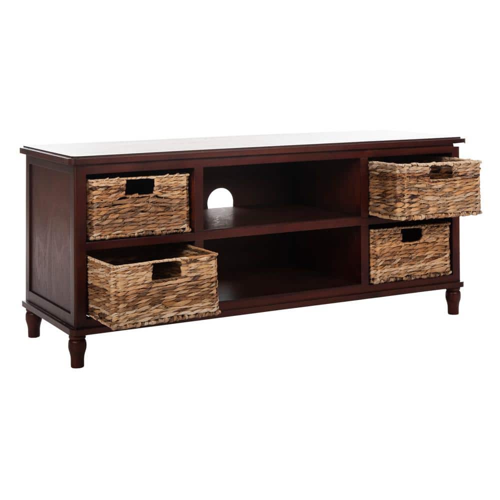 White Transitional Wood Entertainment Unit with Rattan Baskets