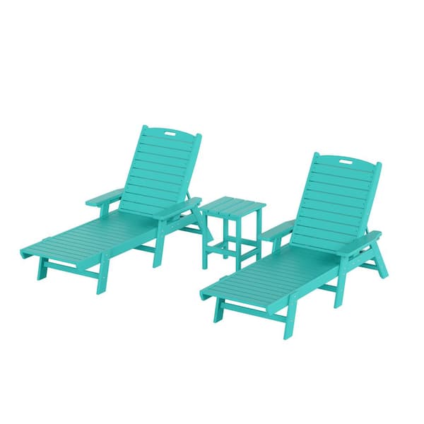 WESTIN OUTDOOR Harlo 3-Piece Turquoise Fade Resistant HDPE Plastic Reclining Outdoor Patio Chaise Lounge Arm Chair and Table Set