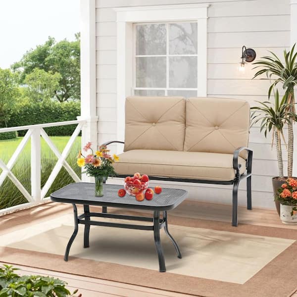 Suncrown 2-Piece Metal Patio Conversation Seating Set with Brown Cushions