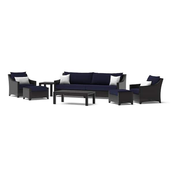 Deco 8-Piece All Weather Wicker Patio Sofa and Club Chair Deep Seating Set with Sunbrella Navy Blue Cushions