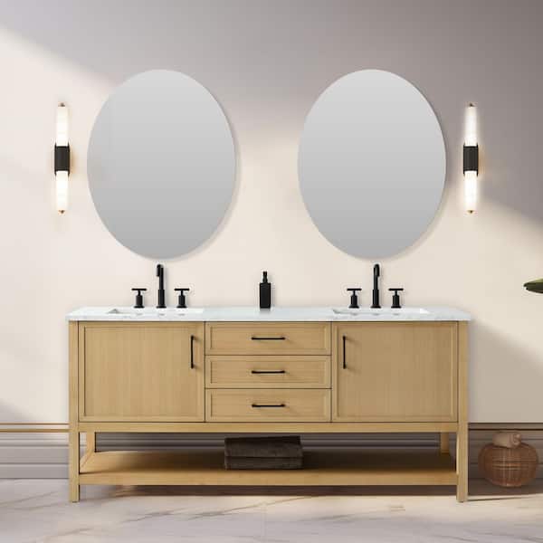 SUDIO Oliver 72 in. W x 22 in. D x 34 in. H Bath Vanity in Light Oak with Engineered Stone Top in Arabescato with White Sinks