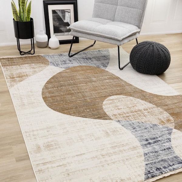 Solvyn Collections 5 ft. x 8 ft. Beige Distressed, Geometric Indoor Area Rug