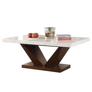Walnut Brown and White Marble Top Pedestal Base Dining Table Seats 6