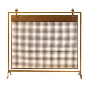 Copper Metal Suspended Grid Style Netting Single-Panel Fireplace Screen with Bolted Detailing