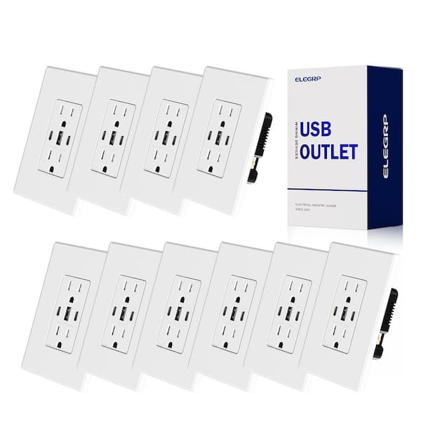 30W 6.0 Amp 3-Port USB Wall Outlet,15A Duplex Receptacle w/Dual Type C and A Ports,UL Listed,w/Wall Plate,Matte WH 10 PC