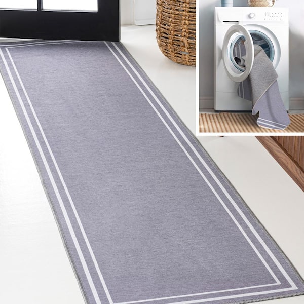 JONATHAN Y Sloane Classic 2-Stripe Gray/Cream 2 ft. x 8 ft. Border Washable Runner Rug