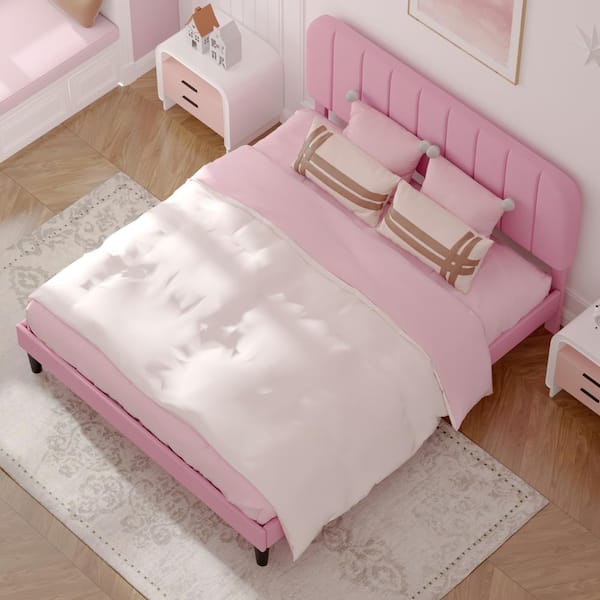 ローズ VECELO Bed Frame with Upholstered Headboard, Pink Metal