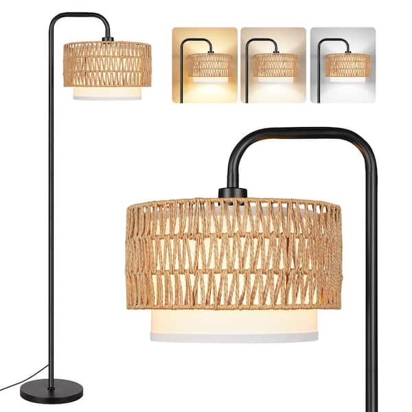 Rottogoon 68" Black Paint Boho Standing Lamp, 1 Bulb Remote 3 Color Temp Arc Floor Lamp for Bedroom with Rattan and Fabric Shades