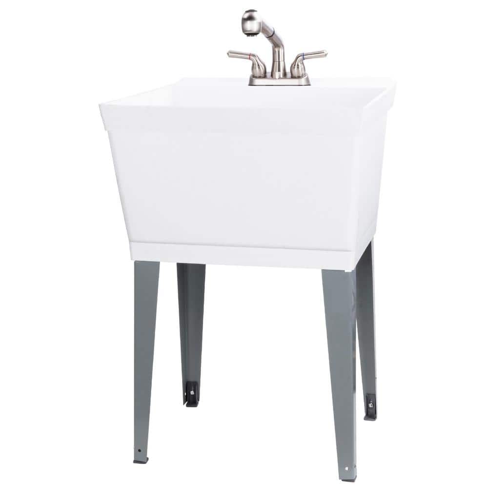 Complete 22 875 In X 23 5 White 19 Gal Utility Sink Set With Non Metallic Stainless Steel Finish Pull Out Faucet