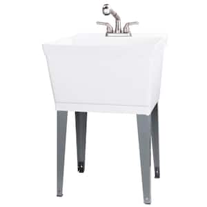 Complete 22.875 in. x 23.5 in. White 19 Gal. Utility Sink Set with Non-Metallic Stainless Steel Finish Pull-Out Faucet