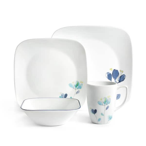 Corelle Square Dalena 16-Piece Country/Cottage Blue Flower Petals Glass Dinnerware Set (Service for 4)