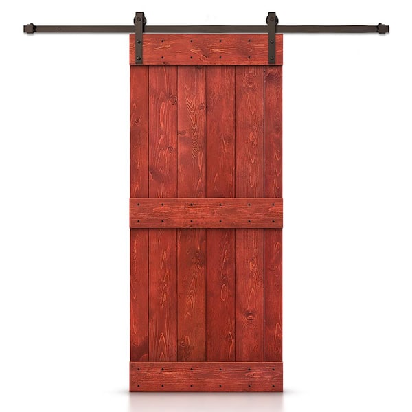 CALHOME Mid-Bar Series 38 in. x 84 in. Solid Cherry Red Stained DIY Pine Wood Interior Sliding Barn Door with Hardware Kit