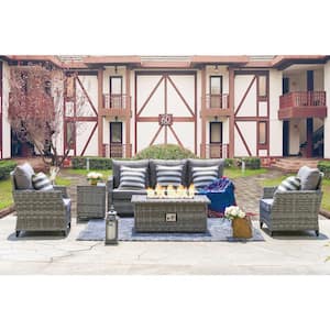 Grice 5-Piece Wicker Patio Conversation Set with Gas Fire Pit Table and Gray Cushions