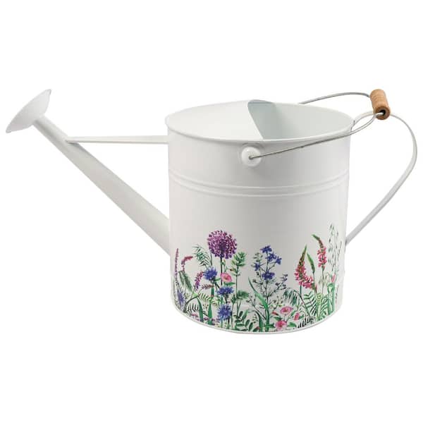 20 in. x 10 in. White Metal and Wood Watering Can with Purple Flower