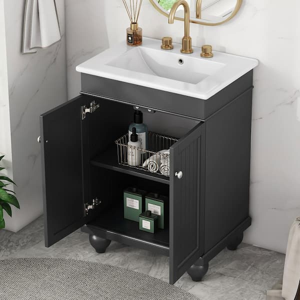 24 in. W. x 18.3 in. D x 33.9 in. H Single Sink Freestanding Bath Vanity in Black with White Ceramic Top