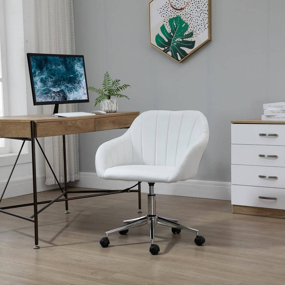 White Leather Mid-Back Swivel Office Chair with Adjustable Arms