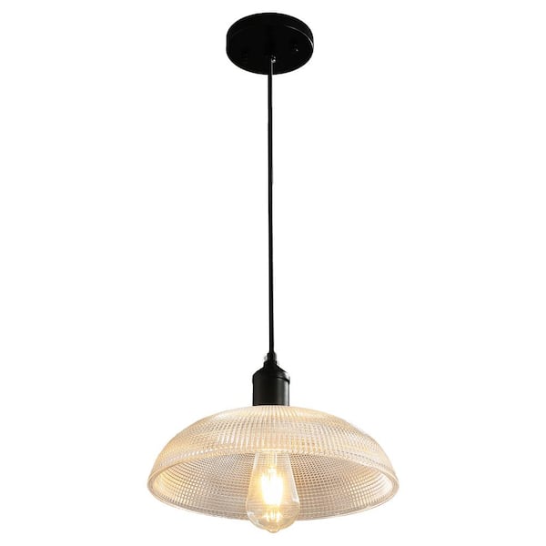 PAUMAN 11.81 in. 1-Light Black Clear Shaded Pendant Light with Clear Ribbed Glass