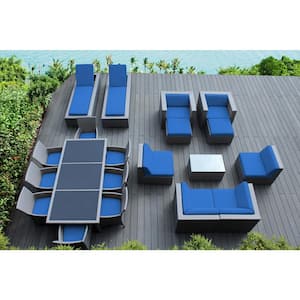 Gray 20-Piece Wicker Patio Combo Conversation Set with Supercrylic Blue Cushions