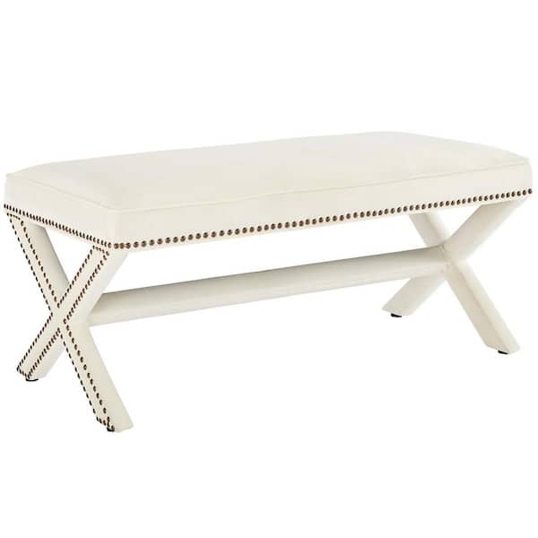 MODWAY Rivet Ivory Upholstered Velvet Bench