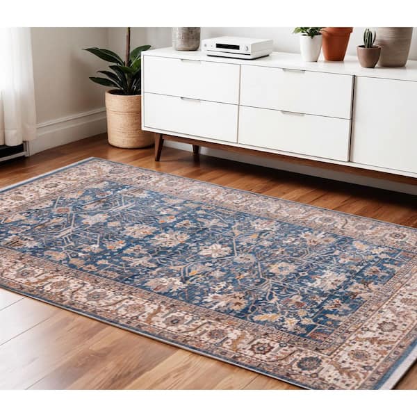 4 ft. x 5 ft. Navy Blue Beige And Brown Oriental Area Rug With Fringe