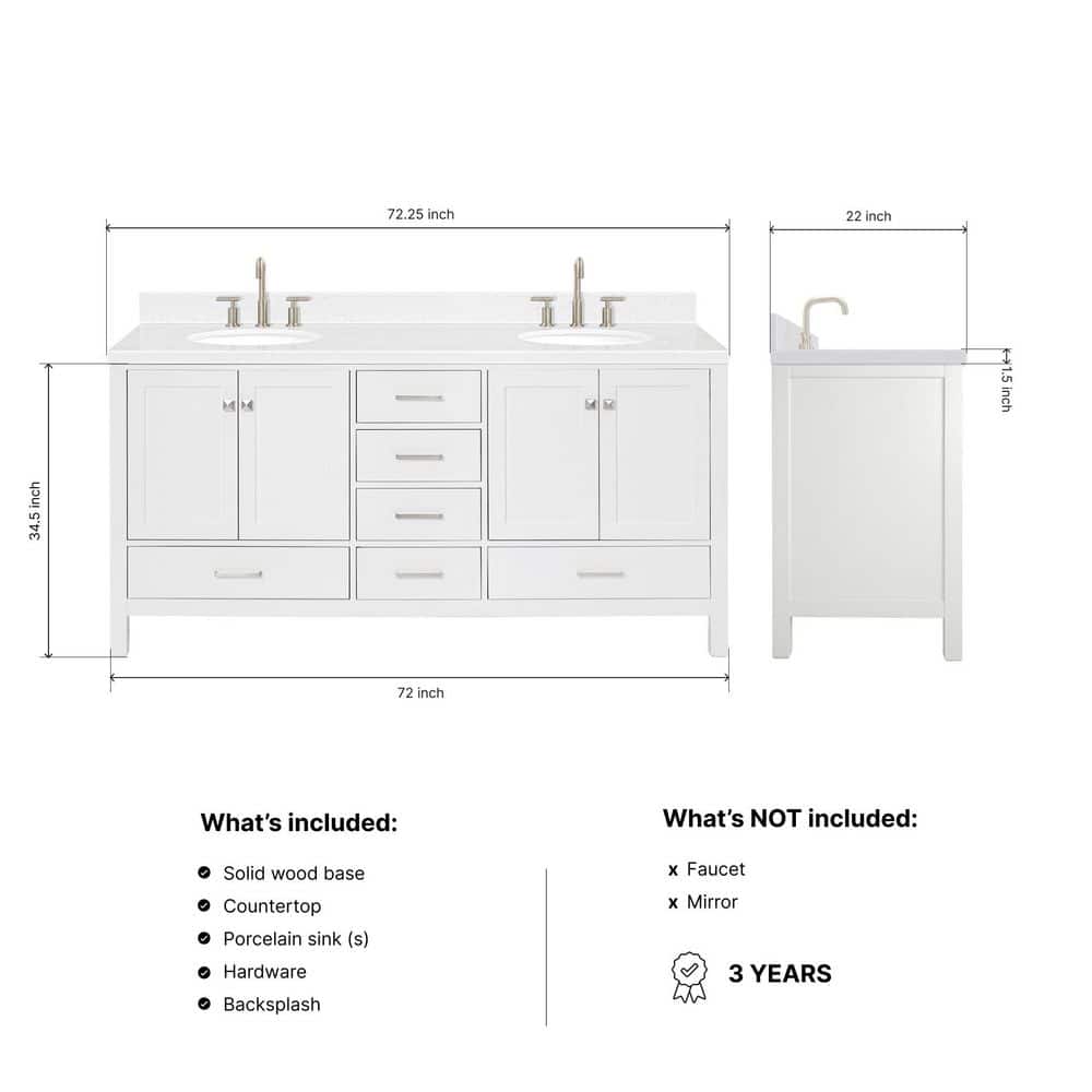 Cambridge 72" White Wood Double Sink Vanity with Quartz Top