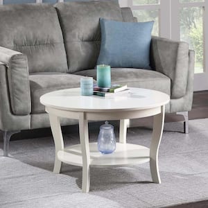 American Heritage 30 in. White Round Wood Top Coffee Table with Shelf