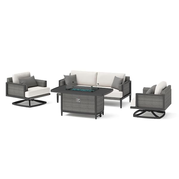 RST BRANDS Vistano Collection 4-Piece Fire Wicker Patio Conversation Set with Canvas Flax Sunbrella Cushions