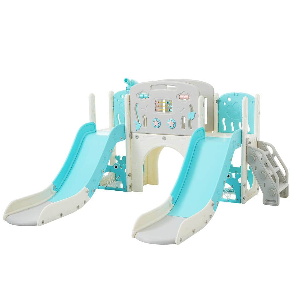 Blue 8-in-1 Indoor, Outdoor Kids Slide Playset Structure with Slide ...