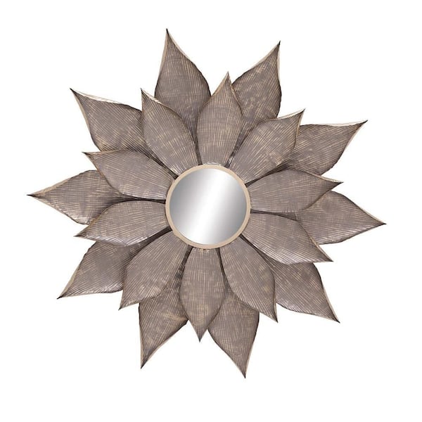 Litton Lane 49 in. x 49 in. Starburst Round Framed Light Brown Wall Mirror
