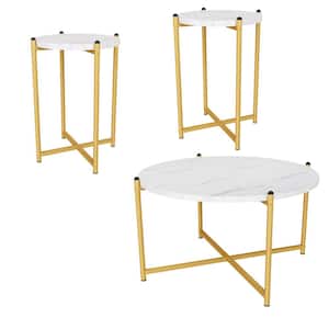 White Round Wood Top Coffee Table with 2-End Tables/Side Table, Marble Look Tabletop Metal Frame with 3-Pieces