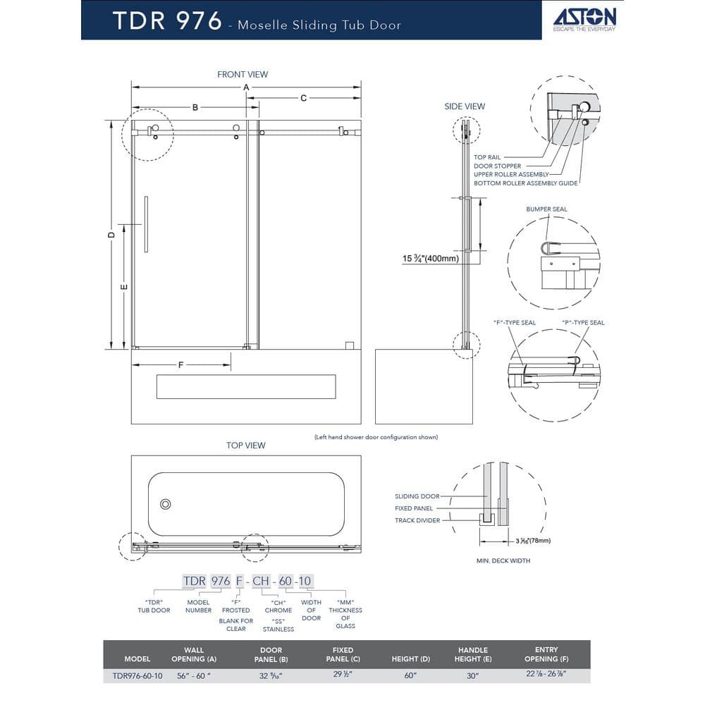 Moselle 60" Frameless Sliding Tub Door with Clear Glass
