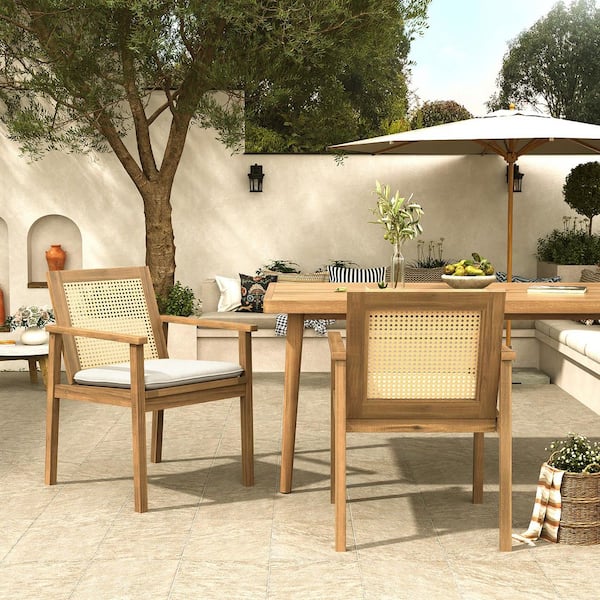 CHRISTOPHER KNIGHT HOME Aspen Outdoor Patio Dining Chairs with Beige Cushions, Cane Rattan Webbing, Acacia Wood, Teak, Set of 2