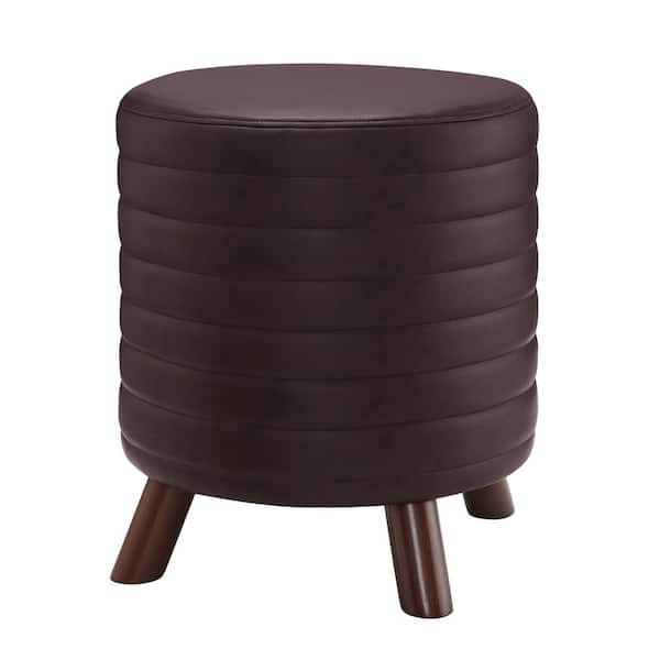 Linon Home Decor Anslee Dark Walnut Faux Leather Round Channel Stitched Stool