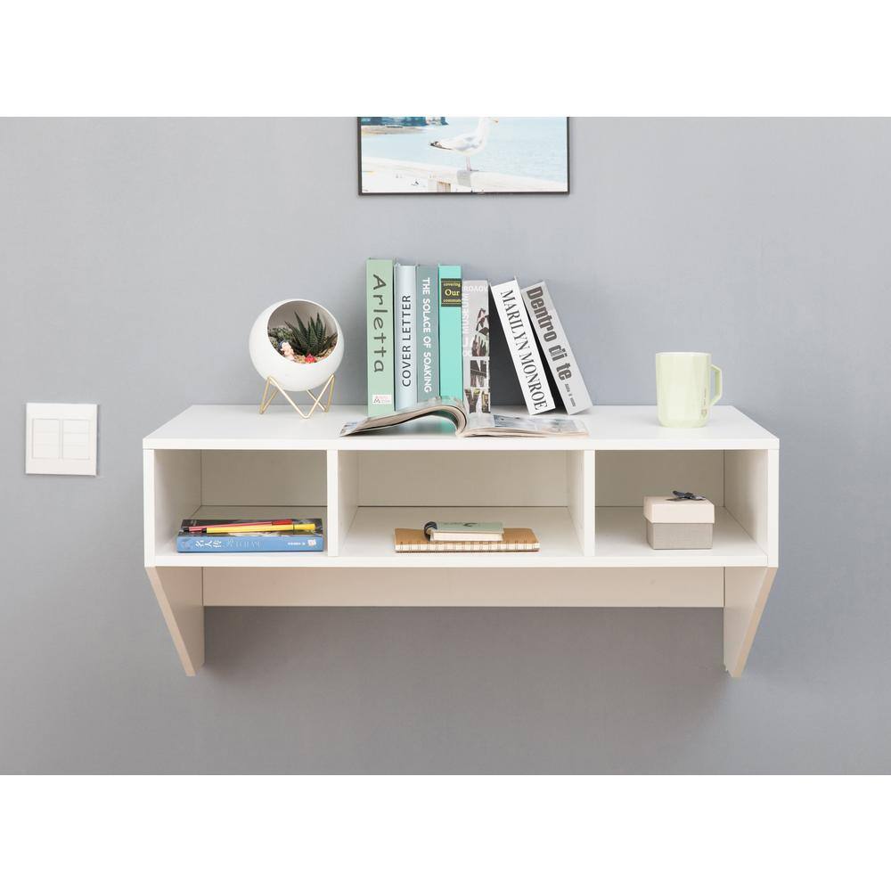 Sleek White Wall-Mounted Computer Desk with Storage Compartments