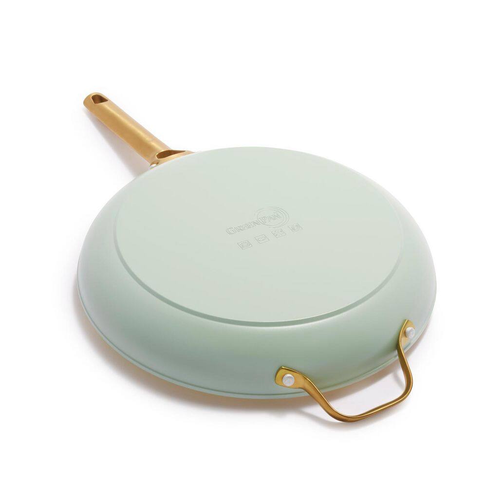Mint and Cream Ceramic Nonstick Frying Pan Set with Gold Handles
