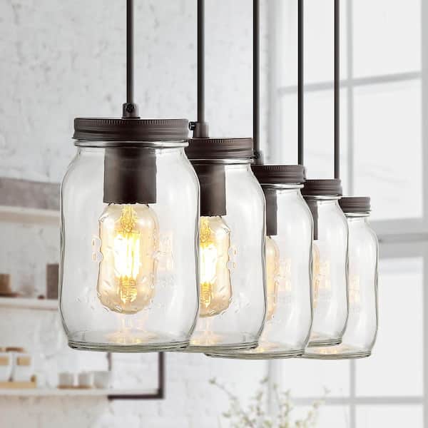 JONATHAN Y Gaines 33.25 in. 5-Light Farmhouse Industrial Iron Mason Jar Linear LED Pendant, Oil Rubbed Bronze/Clear