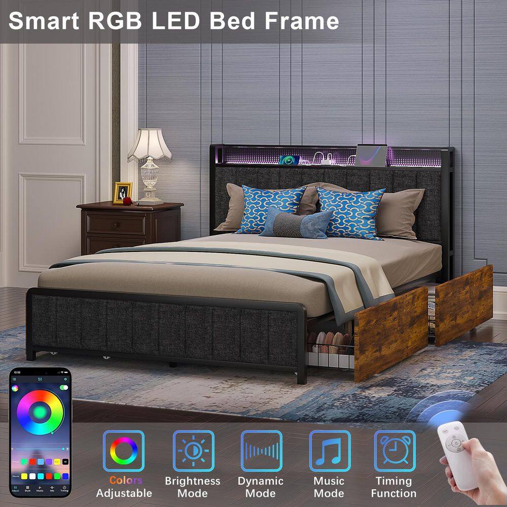Rustic Bed Brown Metal Frame Queen Platform Bed with Upholstered Headboard, USB Port and 4-Rolling Storage Drawers - thumbnail 10