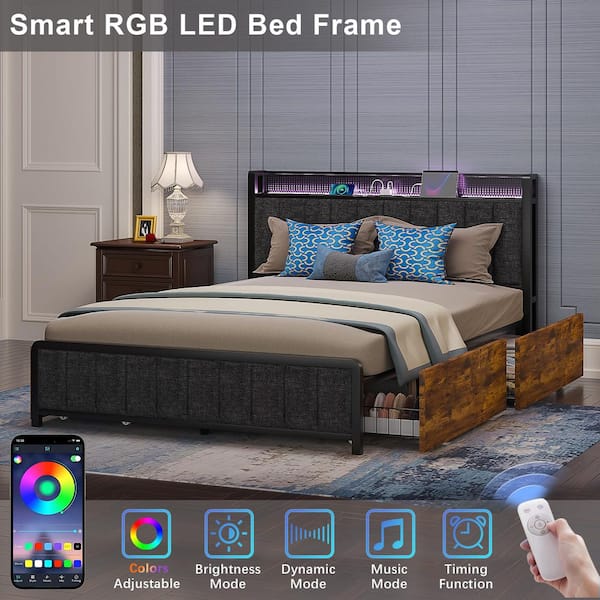 Rustic Bed Brown Metal Frame Queen Platform Bed with Upholstered Headboard, USB Port and 4-Rolling Storage Drawers
