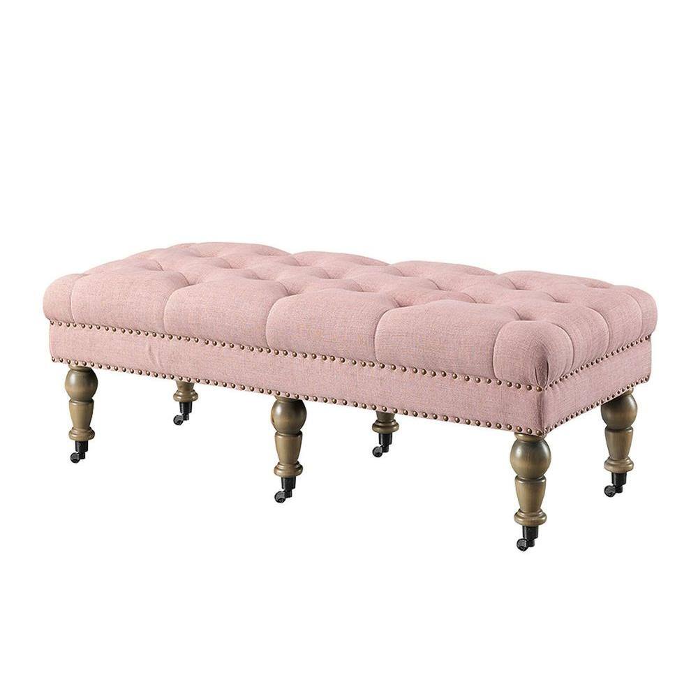 Linon Home Decor Isabelle Pink Washed Linen 50"L Tufted Ottoman with