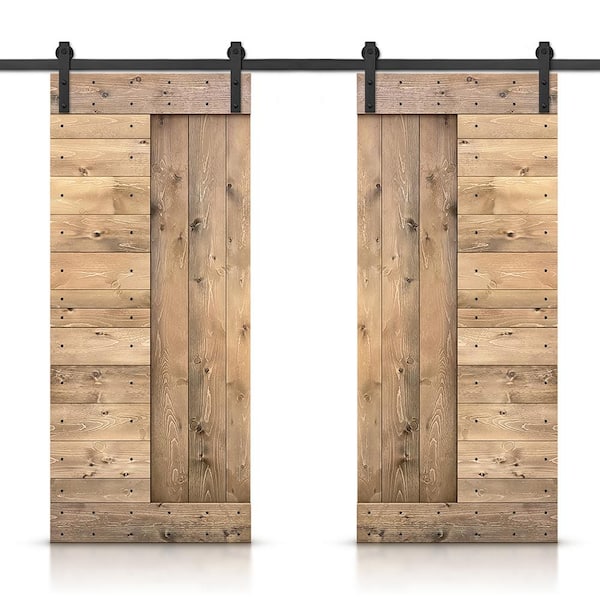 CALHOME 72 in. x 84 in. Light Brown Stained DIY Knotty Pine Wood Interior Double Sliding Barn Door with Hardware Kit