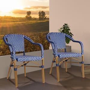 Wicker Bistro Chair French Hand-Woven Arm Chairs for Outdoor Patio Indoor Dining Chairs in Dark Blue (2-Pack)