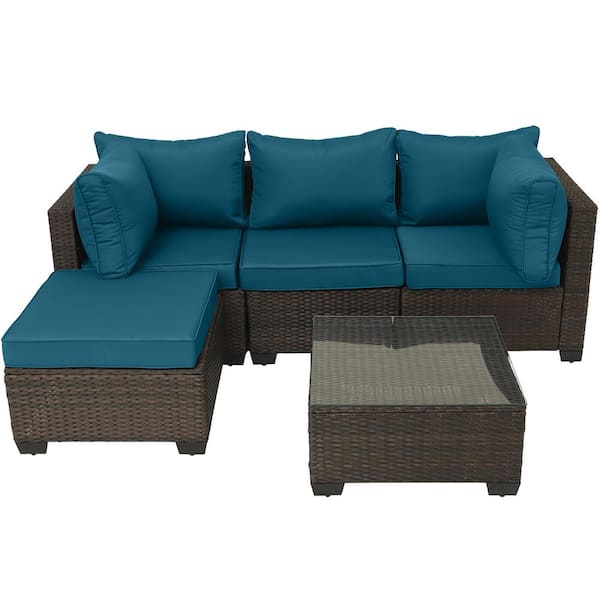Unbranded 5-Piece Brown Wicker Outdoor Sofa Sectional Set with Peacock Blue Cushions