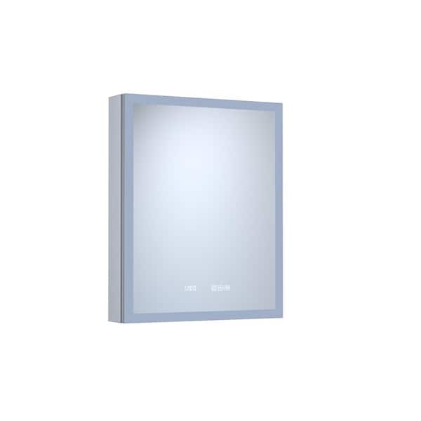 24 in. W x 30 in. H Rectangular Silver Aluminum Recessed/Surface Mount Right Medicine Cabinet with Mirror LED and Clock