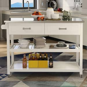 White MDF Kitchen Cart with Cabinet, 1 Open Shelves, 2 Drawers and Towel Rack