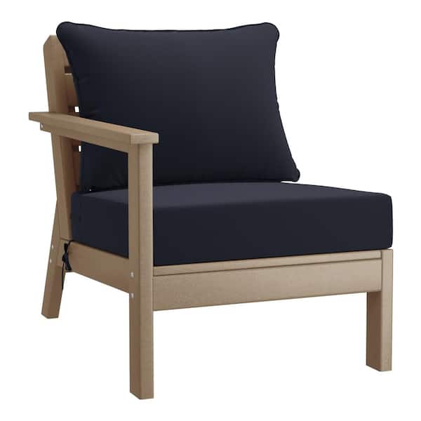 Westin Outdoor Birchwood Outdoor Patio Deep Seating Left Facing Arm HDPE Lounge Chair in Weathered Wood with Navy Blue Cushions
