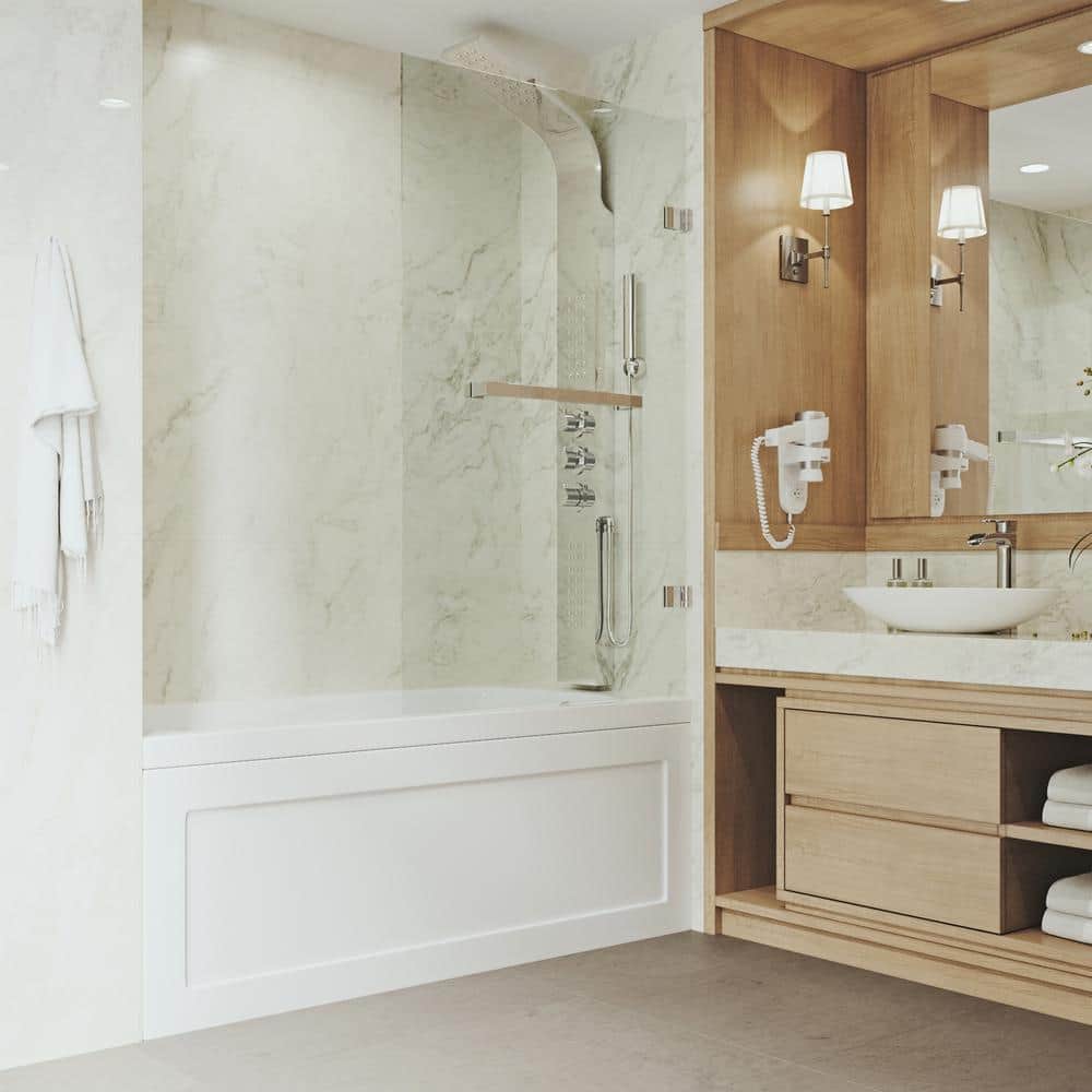 Rialto 34 in. W x 58 in. H Pivot Frameless Tub Door in Chrome with 5/16 in. (8mm) Clear Glass price history on PriceWatchPro