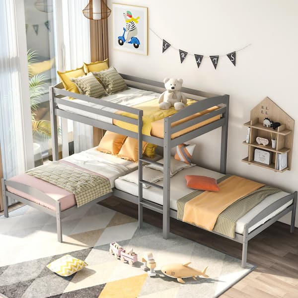 Qualfurn Gray Twin Over L Shaped, L Bunk Beds