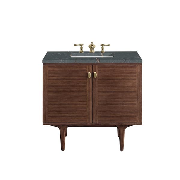 James Martin Vanities Amberly 36.0 in. W x 23.5 in. D x 34.7 in. H Single Bathroom Vanity Mid-Century Walnut and Parisien Bleu Quartz Top