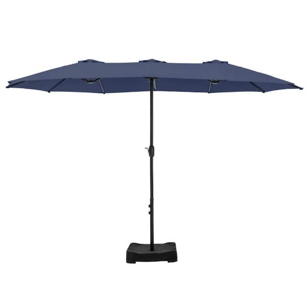 PHI VILLA 15 ft. Market Patio Umbrella 2-Side in Blue With Base and Sandbags
