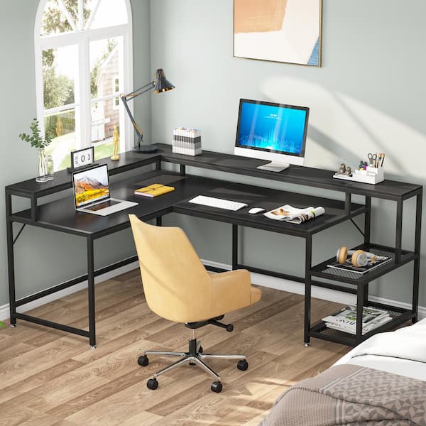 TRIBESIGNS WAY TO ORIGIN Perry 69 in. Black Reversible Large Corner L Shaped Computer Writing Desk Monitor Stand Storage Shelf Home Office